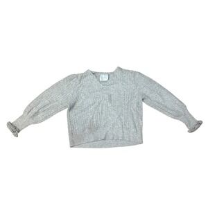 Lucky Brand Cable Knit V Neck Puff Sleeve Sweater Light Gray Womens M